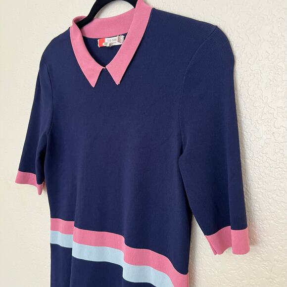 Ted Baker Colour by Numbers “Origami” Striped Knit Polo Dress Navy Pink Size 1 - Picture 7 of 12